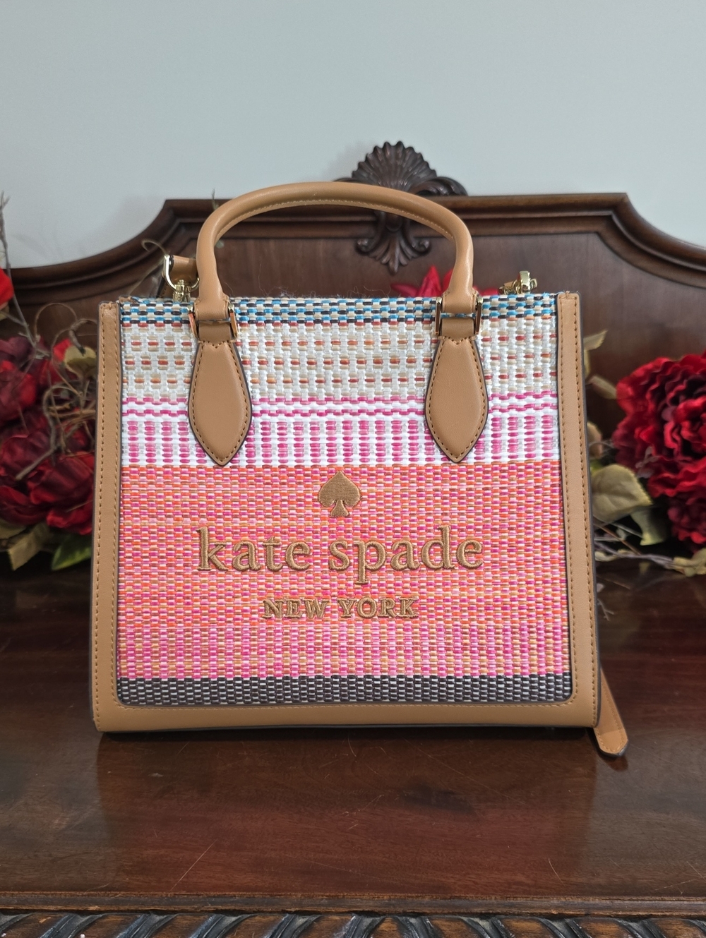 kate spade Pink and Tan Woven Straw Tote
